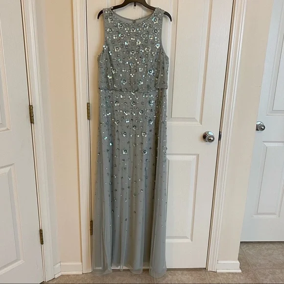 Adrianna Papell Beaded Sequined Halter Blouson Gown in Frosted Sage - Picture 4 of 10